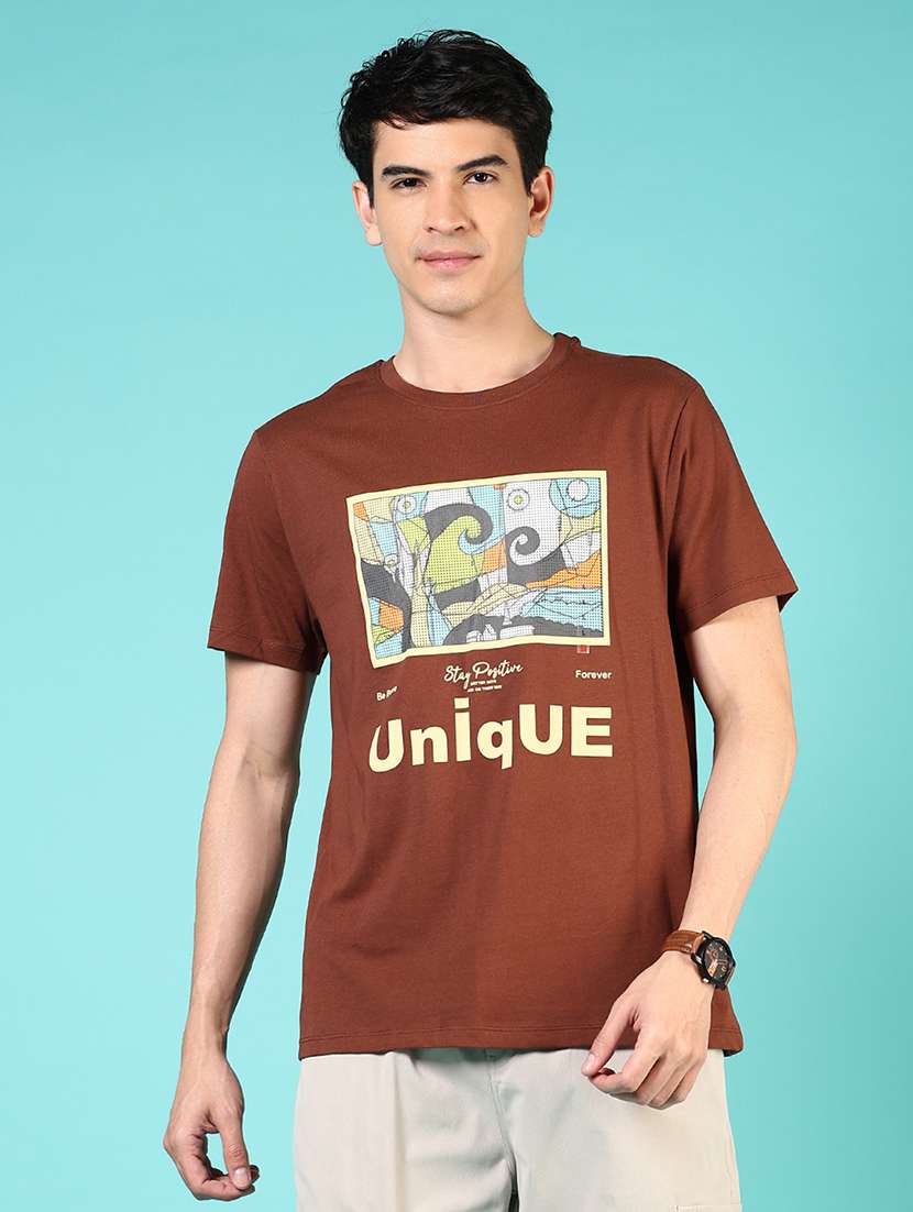 men front print round neck regular fit t-shirt