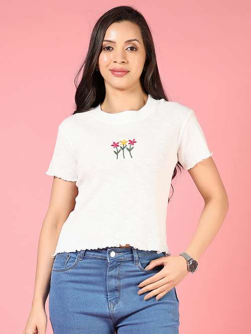 women off white round neck crop top - 21732178 -  Standard Image - 0