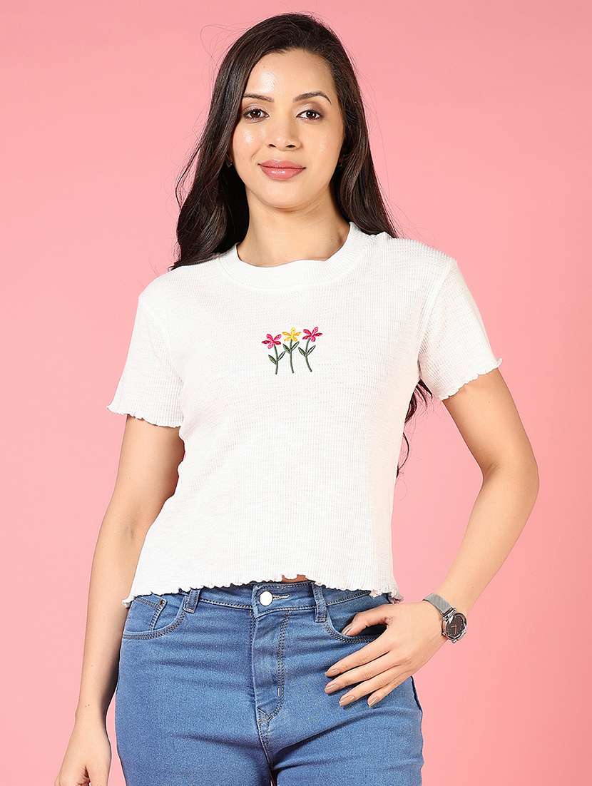 women off white round neck crop top - 21732178 -  Zoom Image - 0