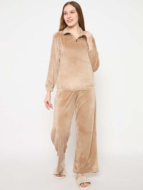 women solid velvet pyjama nightwear set - 21732307 -  Standard Image - 0