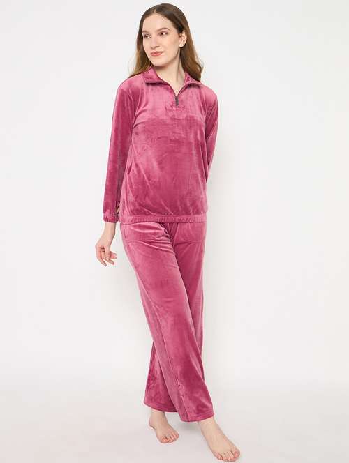 women solid velvet pyjama nightwear set - 21732311 -  Standard Image - 0