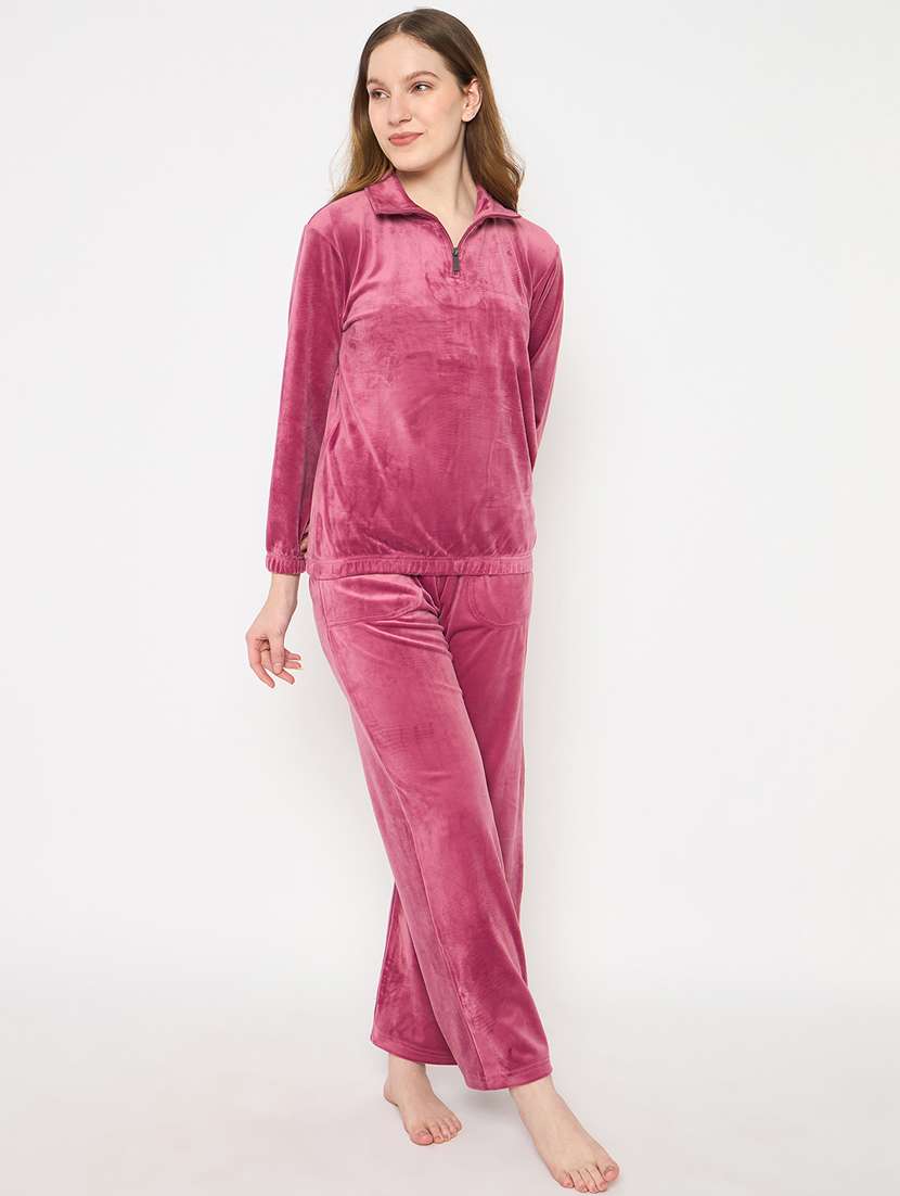 women solid velvet pyjama nightwear set - 21732311 -  Zoom Image - 0