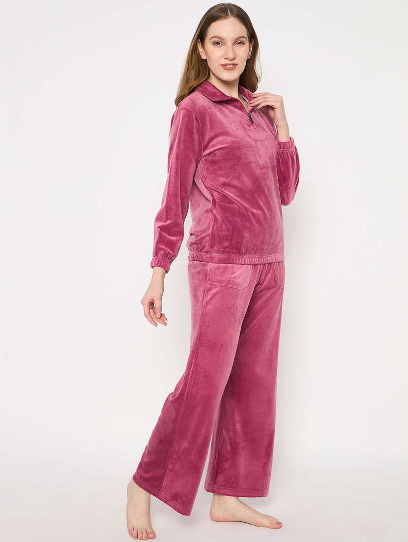 women solid velvet pyjama nightwear set - 21732311 -  Standard Image - 3