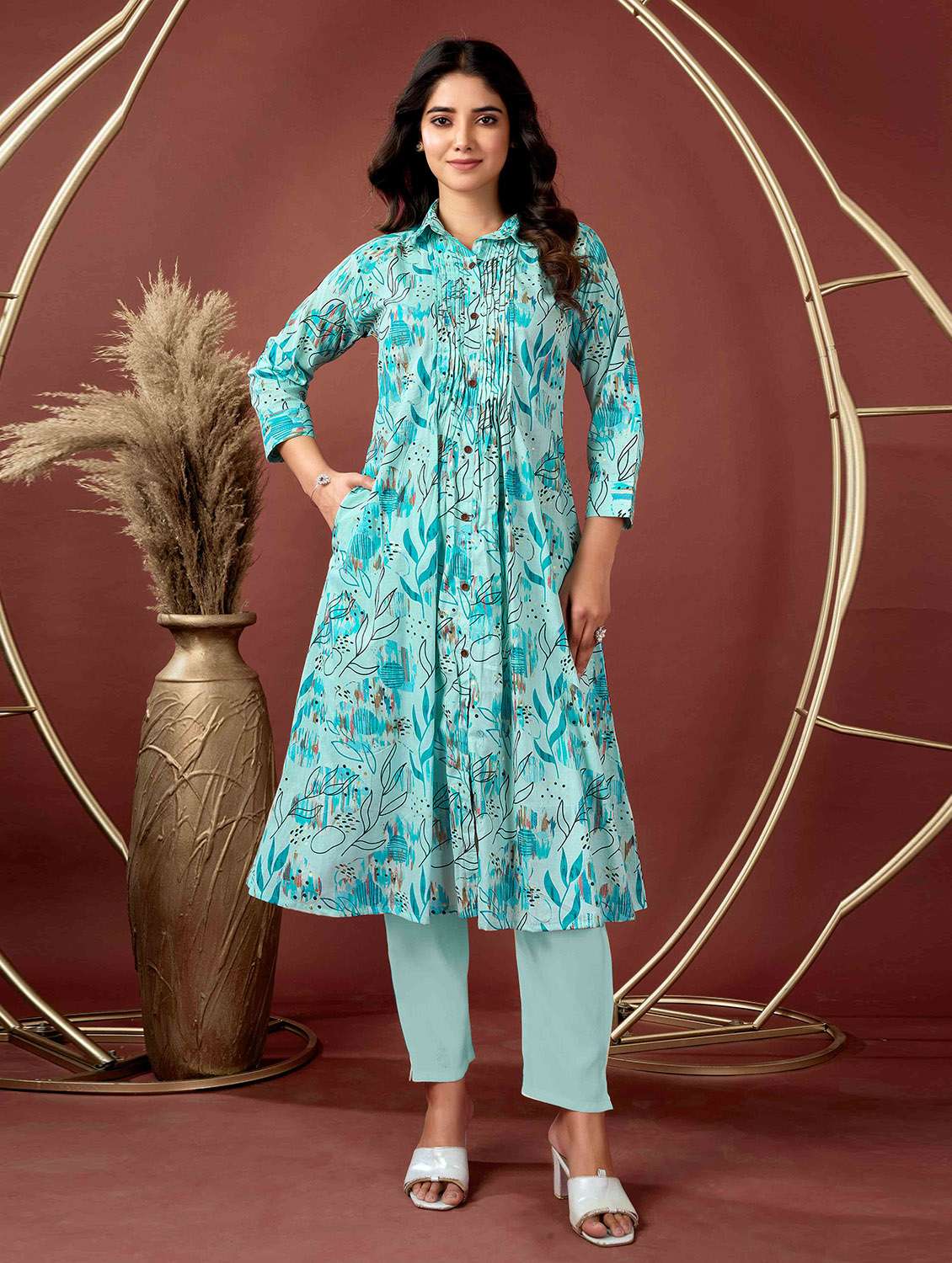 women printed shirt collar neck a-line kurta