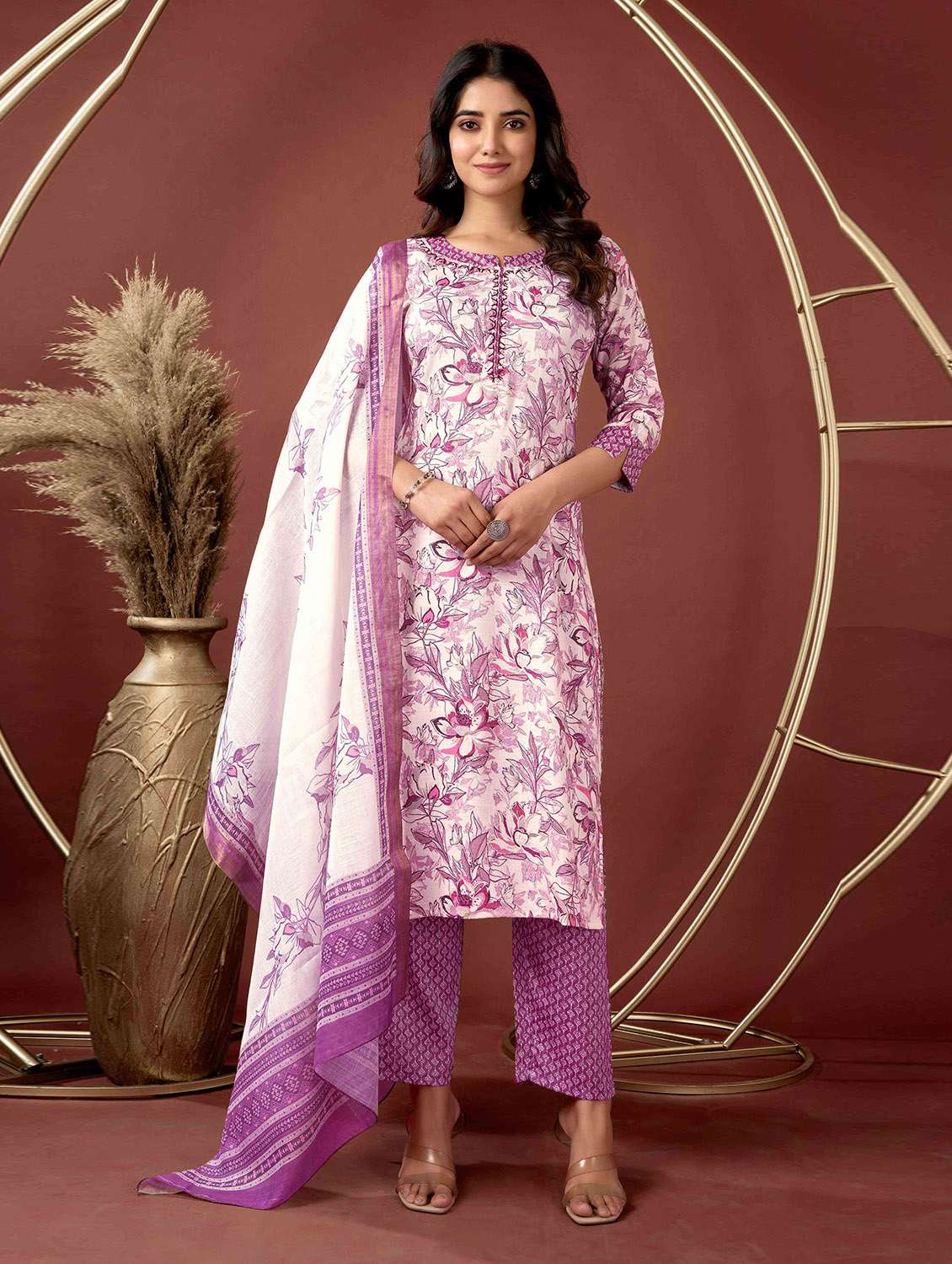 women three quarter sleeve kurta pant with dupatta set