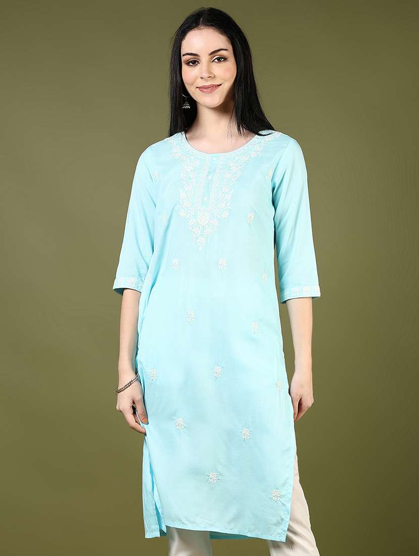 women light blue three quarter sleeve straight kurta