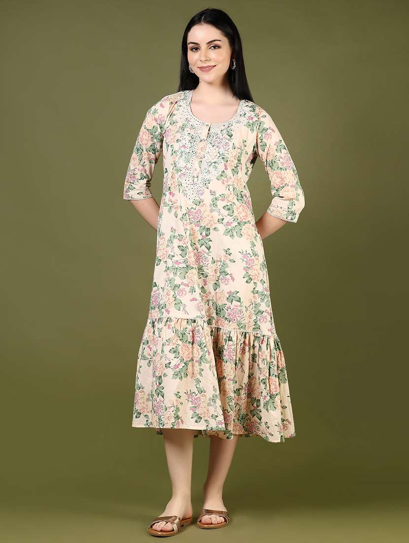 women floral three quarter sleeve tiered dress