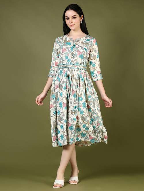 women printed notch neck flared ethnic dress - 21733415 - Standard Image - 0