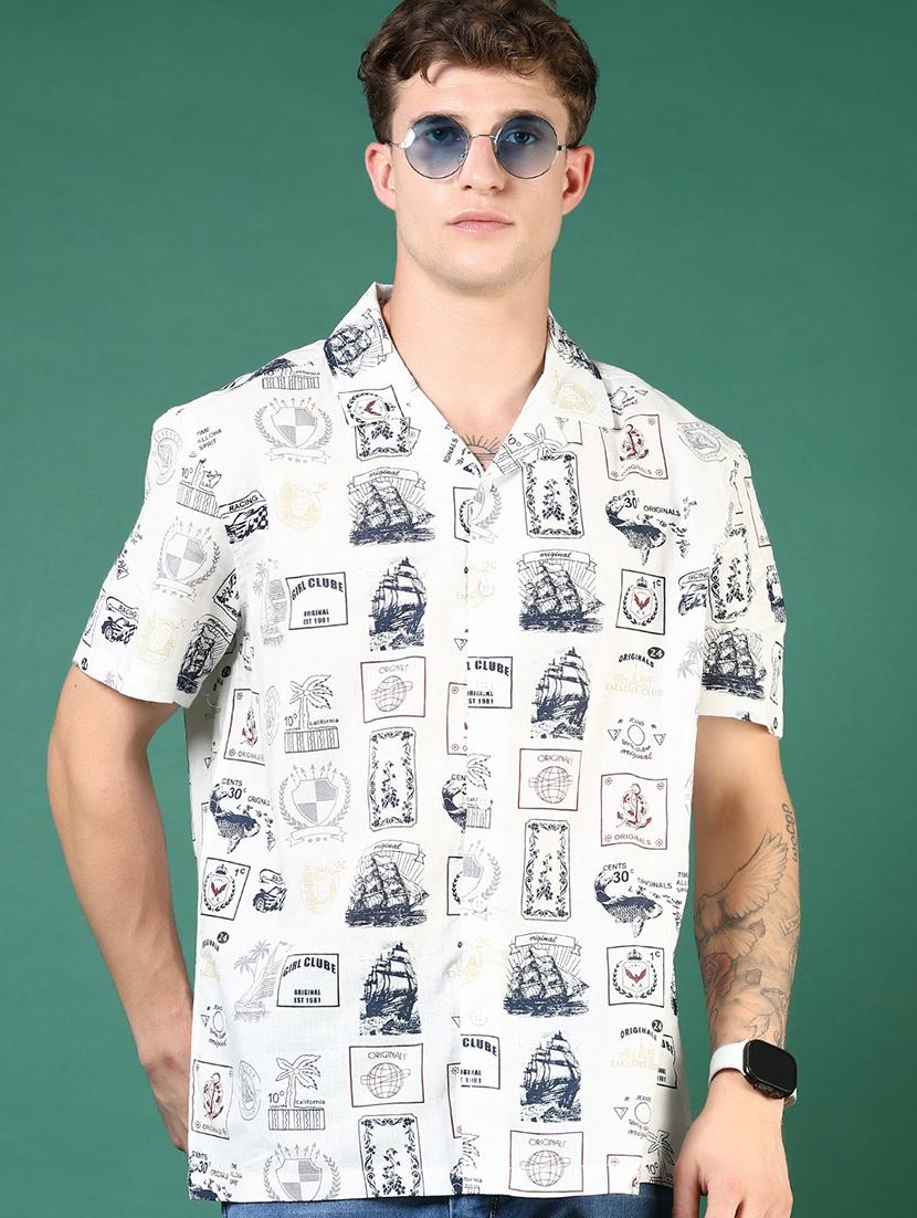 men printed cuban collared casual shirt