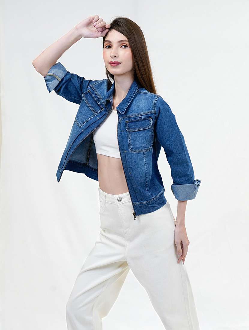 women blue long sleeve denim jacket - 21733638 - Standard Image - 3