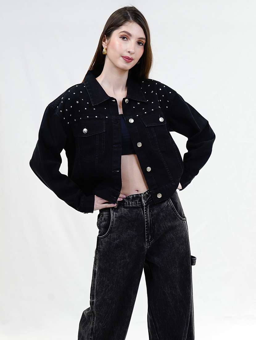 women black long sleeve embellished denim jacket - 21733640 - Zoom Image - 0