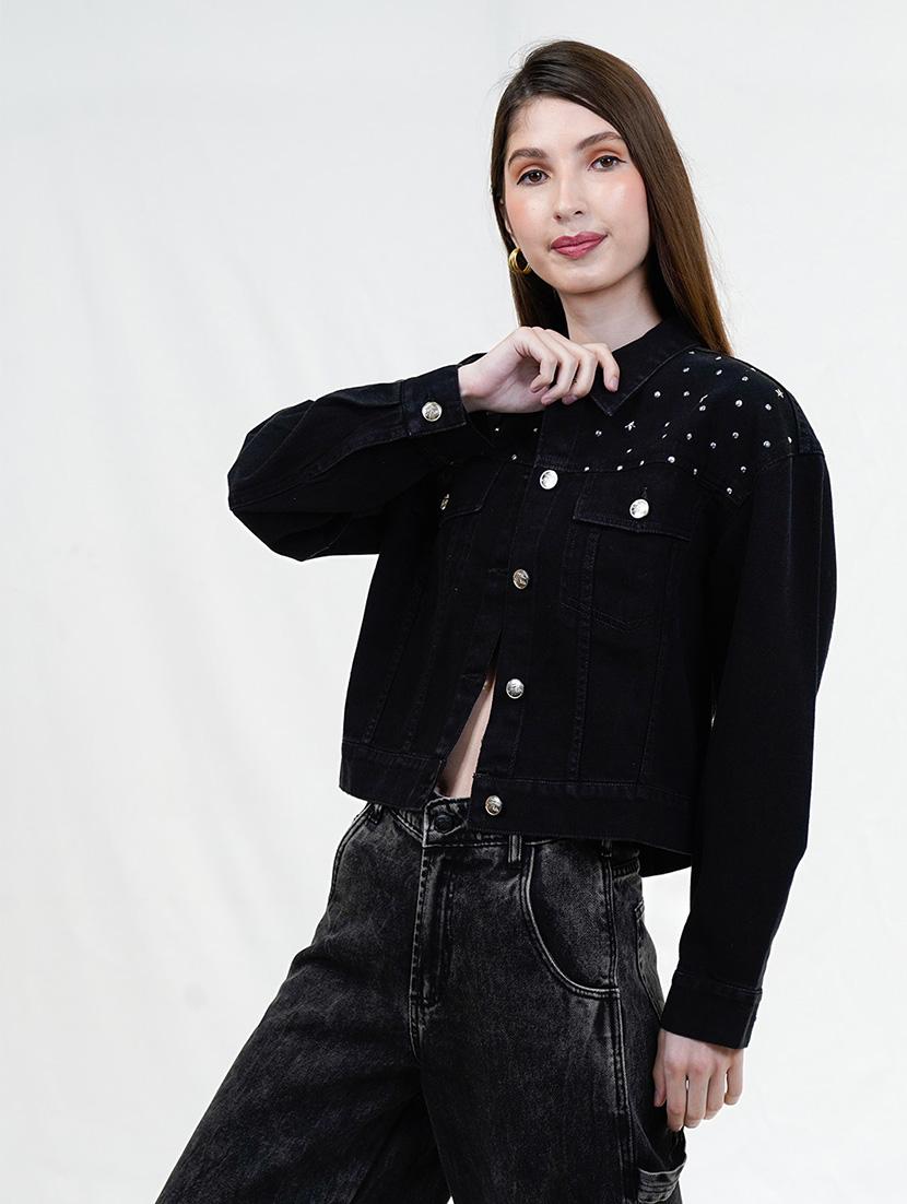 women black long sleeve embellished denim jacket - 21733640 - Standard Image - 3