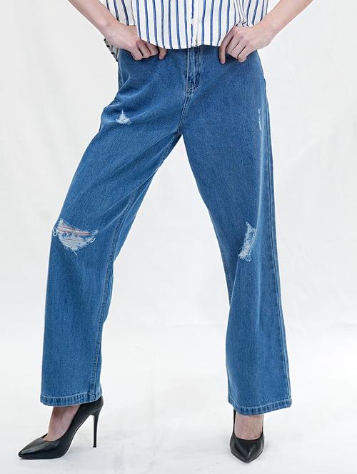 women blue full length distress wide leg jean - 21733660 - Standard Image - 0