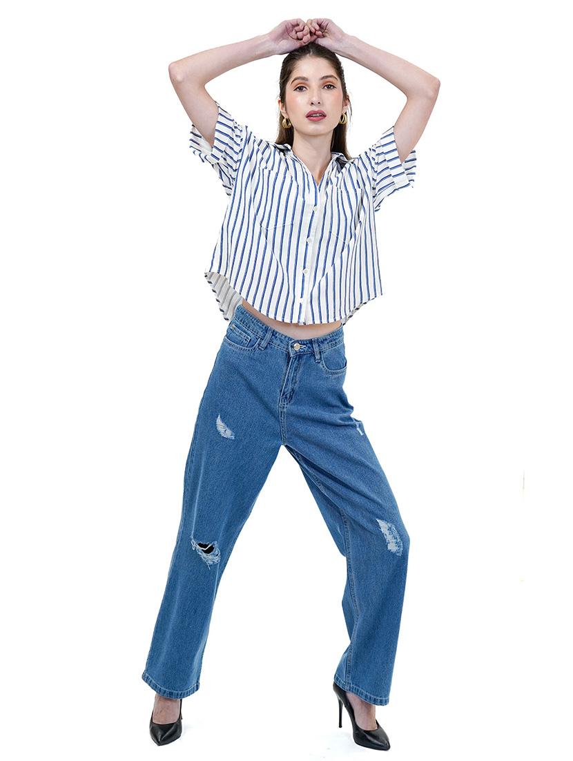 women blue full length distress wide leg jean - 21733660 - Standard Image - 3