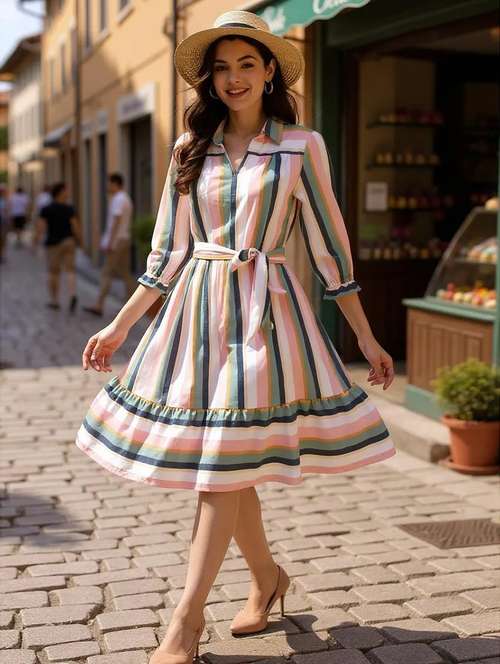 women striped tiered dress - 21737322 - Standard Image - 0