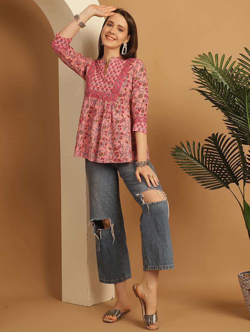 women floral printed three quarter sleeve a-line top - 21737371 -  Standard Image - 3