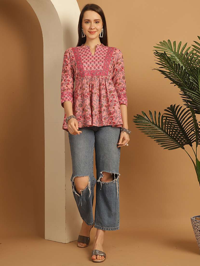 women floral printed three quarter sleeve a-line top - 21737371 -  Standard Image - 5