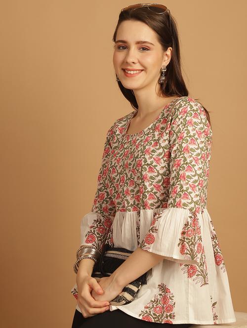 women three quarter sleeve flared ethnic top - 21737378 -  Standard Image - 0