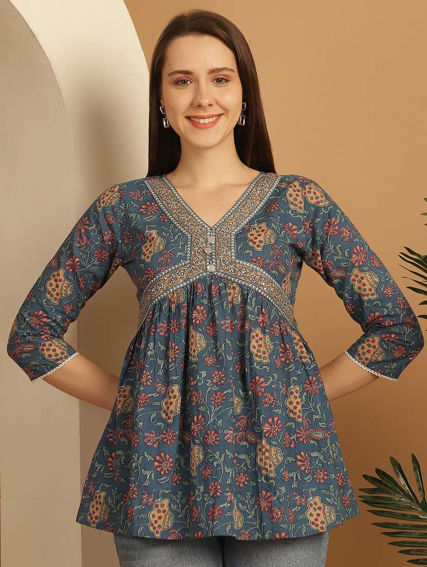 women floral printed v neck a-line top