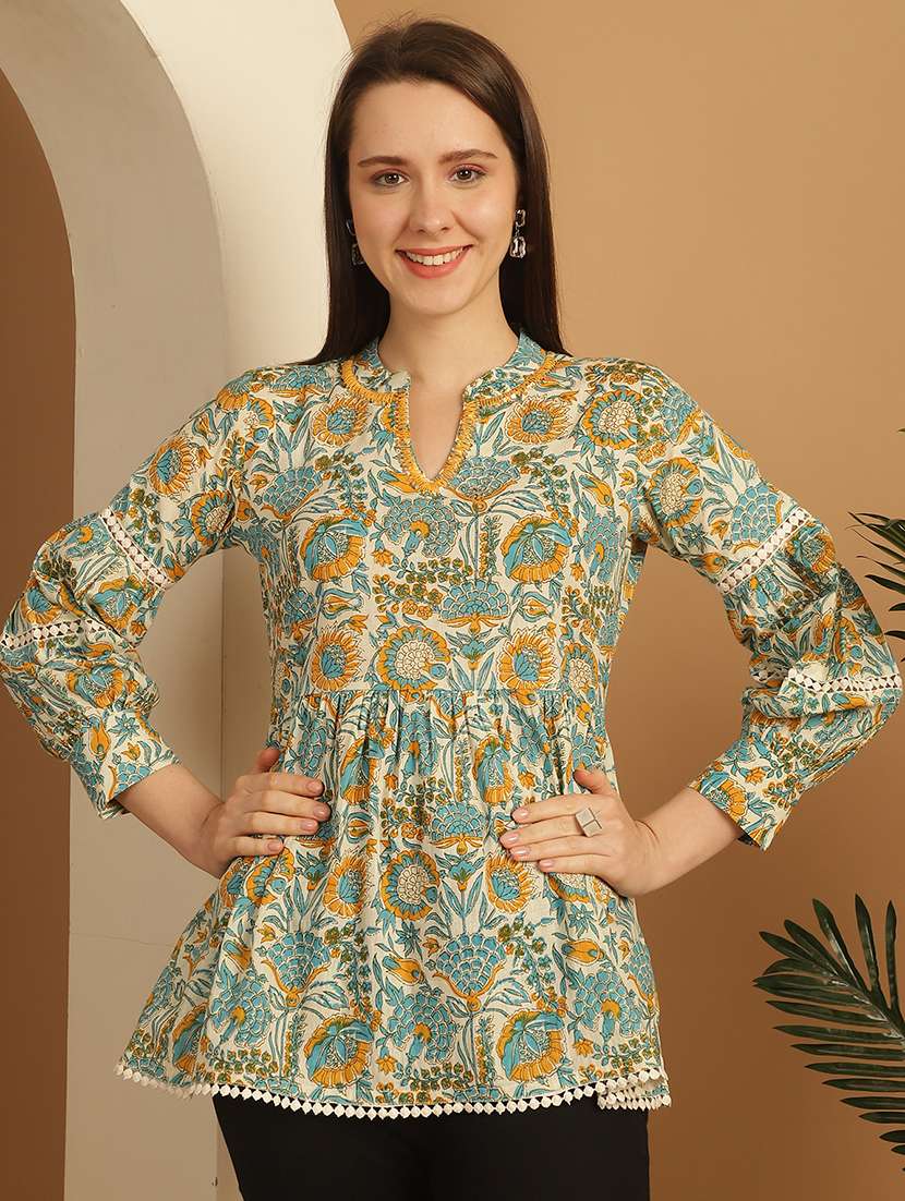 women floral printed mandarin neck a-line top