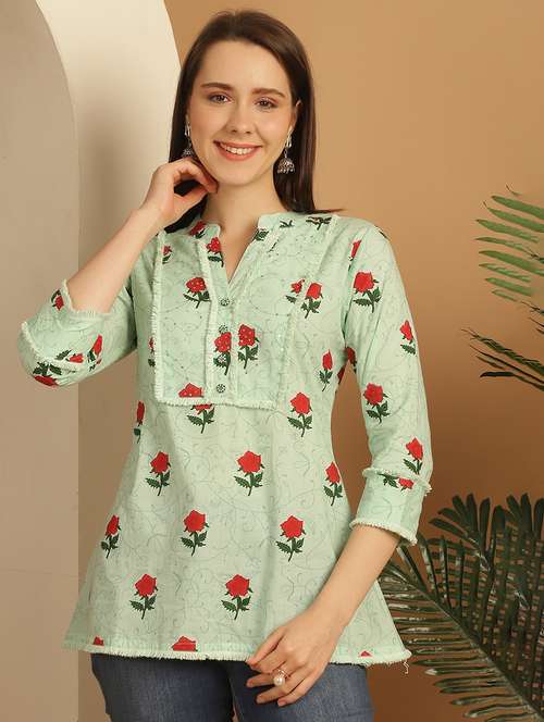 women three quarter sleeve a-line ethnic top - 21737395 -  Standard Image - 0