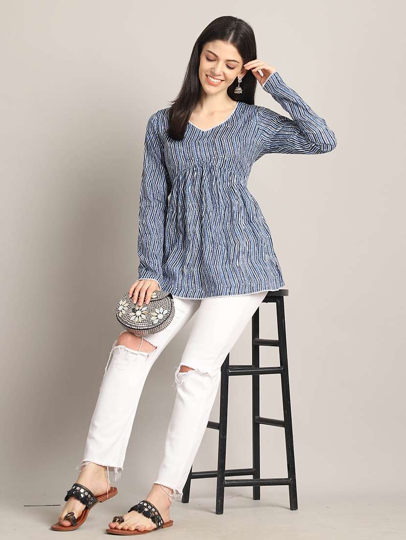 women blue printed v neck a-line top - 21737398 -  Standard Image - 3