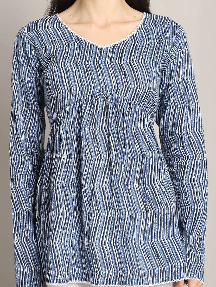 women blue printed v neck a-line top - 21737398 -  Standard Image - 5