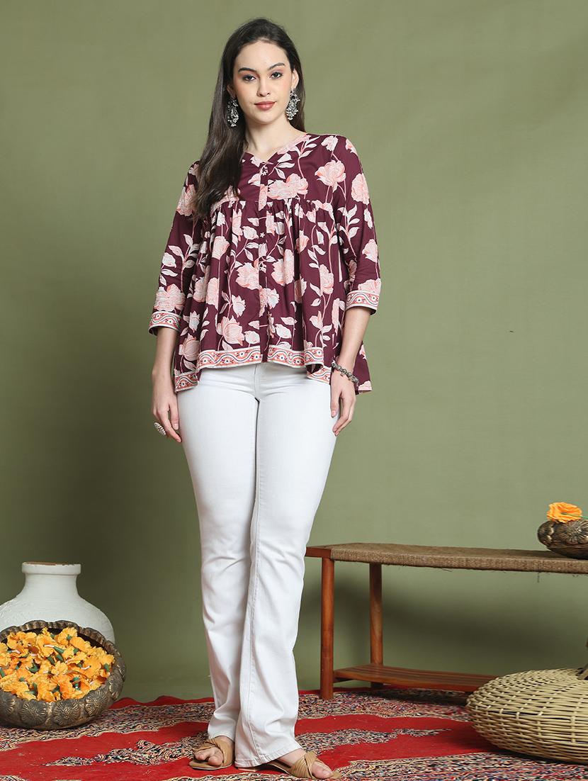 women floral printed v neck a-line top - 21737412 - Standard Image - 3