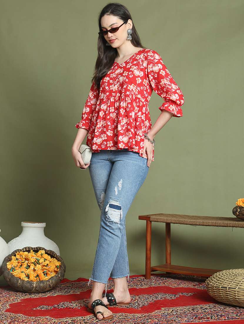 women three quarter sleeve flared ethnic top - 21737414 -  Standard Image - 3