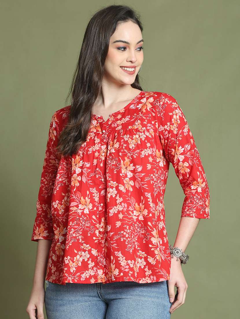 women floral printed notch neck a-line top