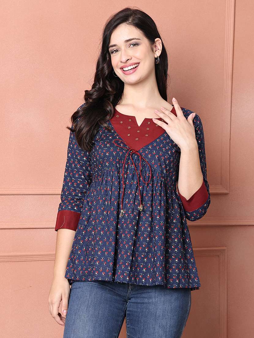 women floral printed notch neck flared top 