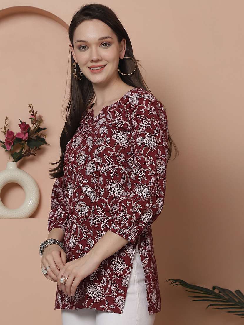 women floral printed mandarin neck straight top - 21737427 - Zoom Image - 0