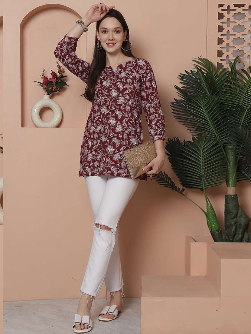 women floral printed mandarin neck straight top - 21737427 - Standard Image - 3
