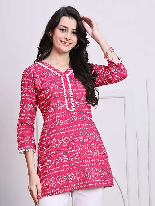 women bandhani printed v neck straight kurti - 21737456 -  Standard Image - 0