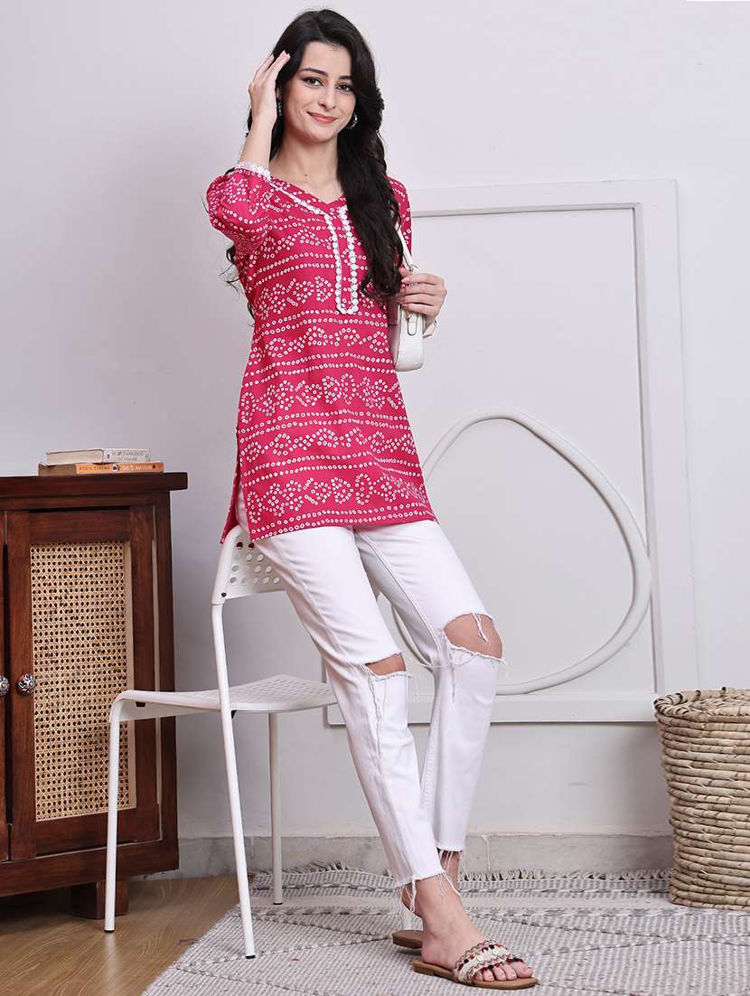 women bandhani printed v neck straight kurti - 21737456 -  Standard Image - 3