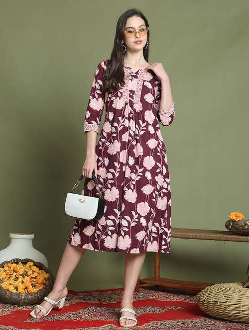 women three quarter sleeve a-line ethnic dress - 21737542 -  Standard Image - 0
