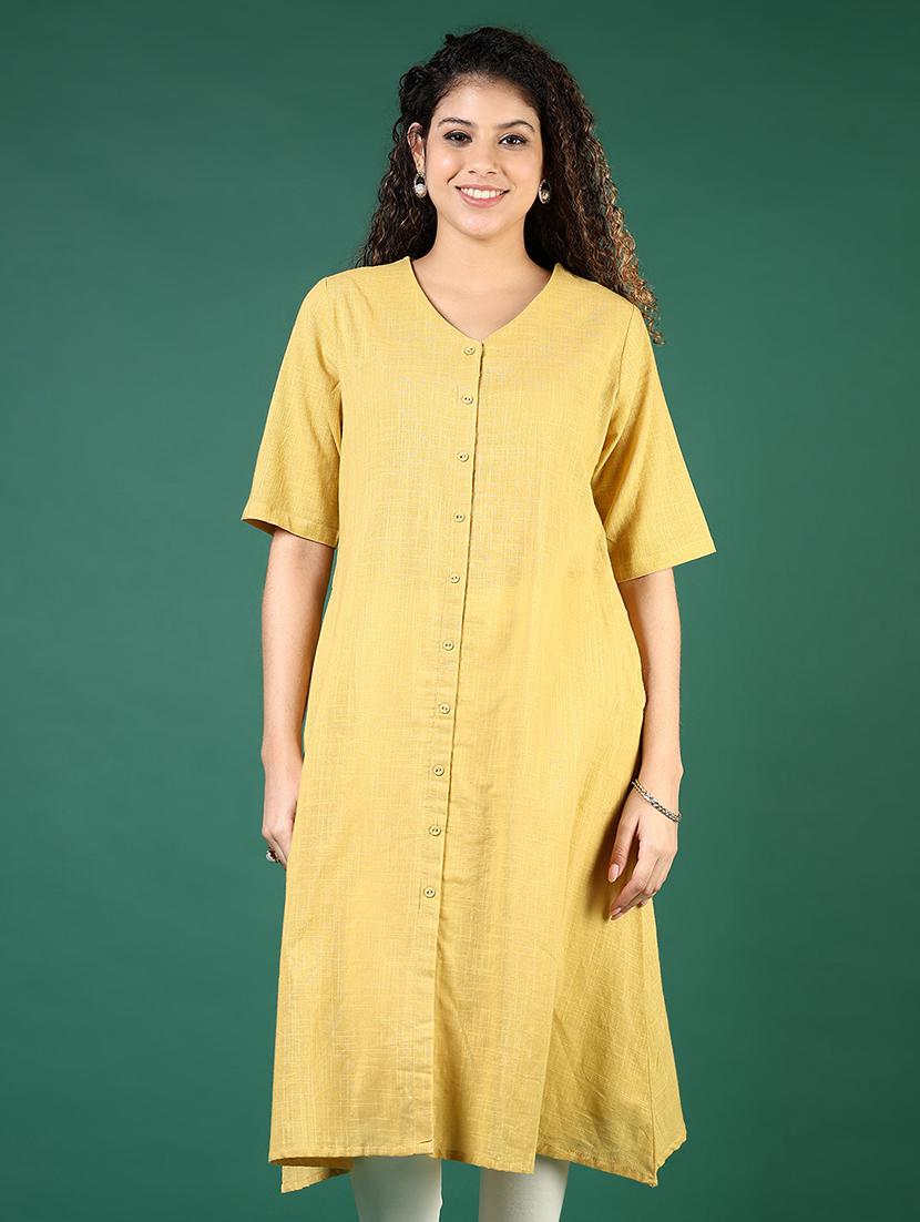 women yellow solid short sleeve a-line kurta