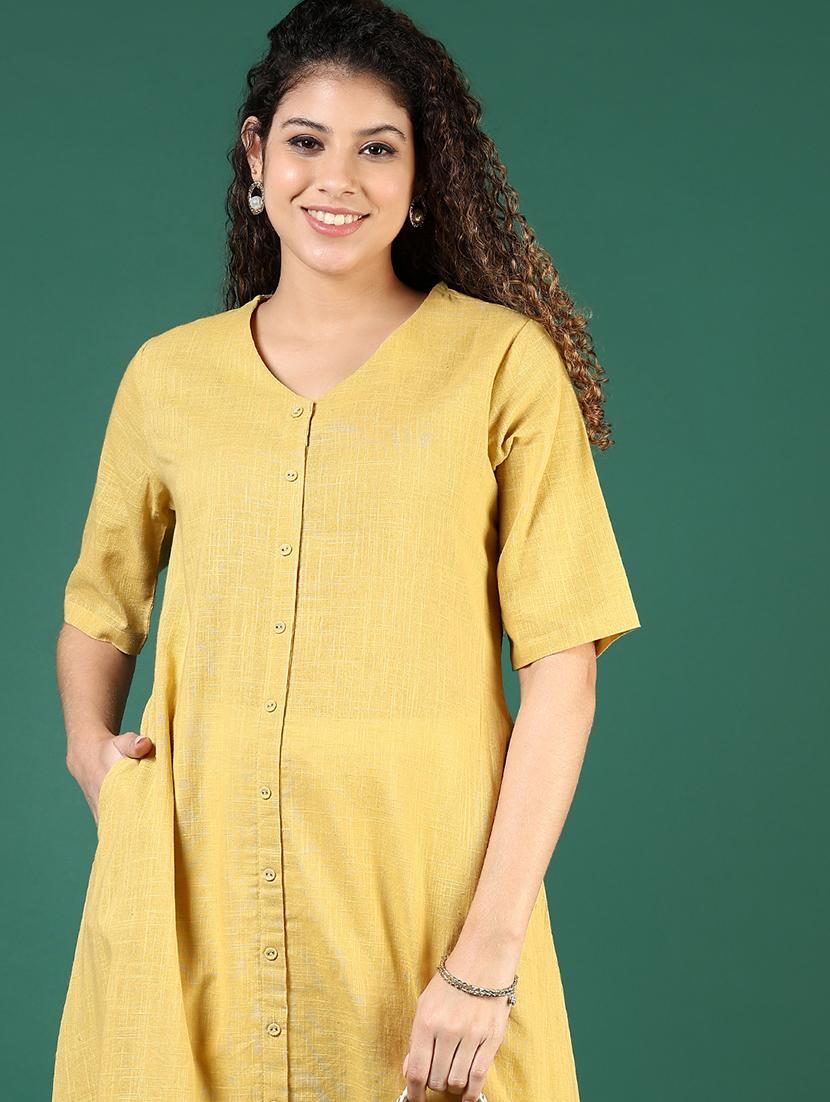 women yellow solid short sleeve a-line kurta - 21737834 - Standard Image - 3