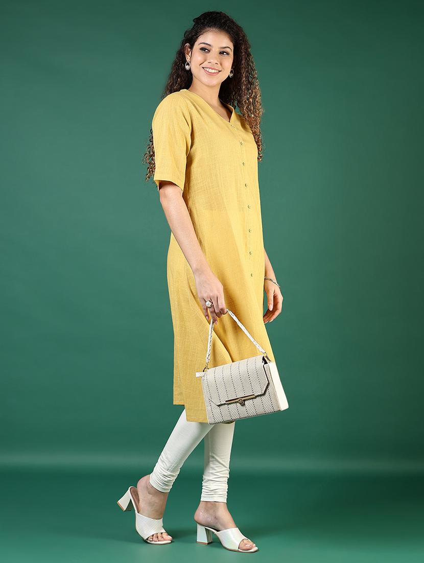 women yellow solid short sleeve a-line kurta - 21737834 - Standard Image - 5