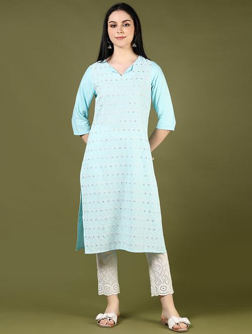 women embroidered three quarter sleeve straight kurta - 21737850 - Standard Image - 0