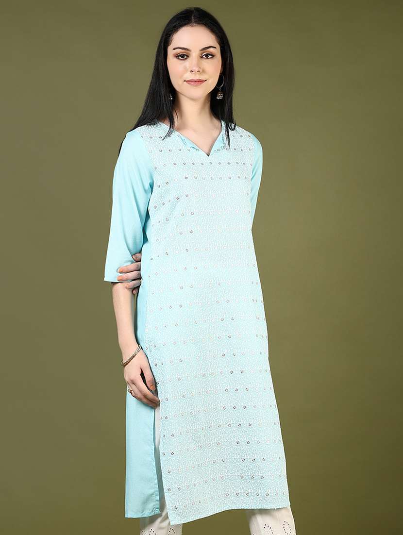 women embroidered three quarter sleeve straight kurta - 21737850 - Standard Image - 3