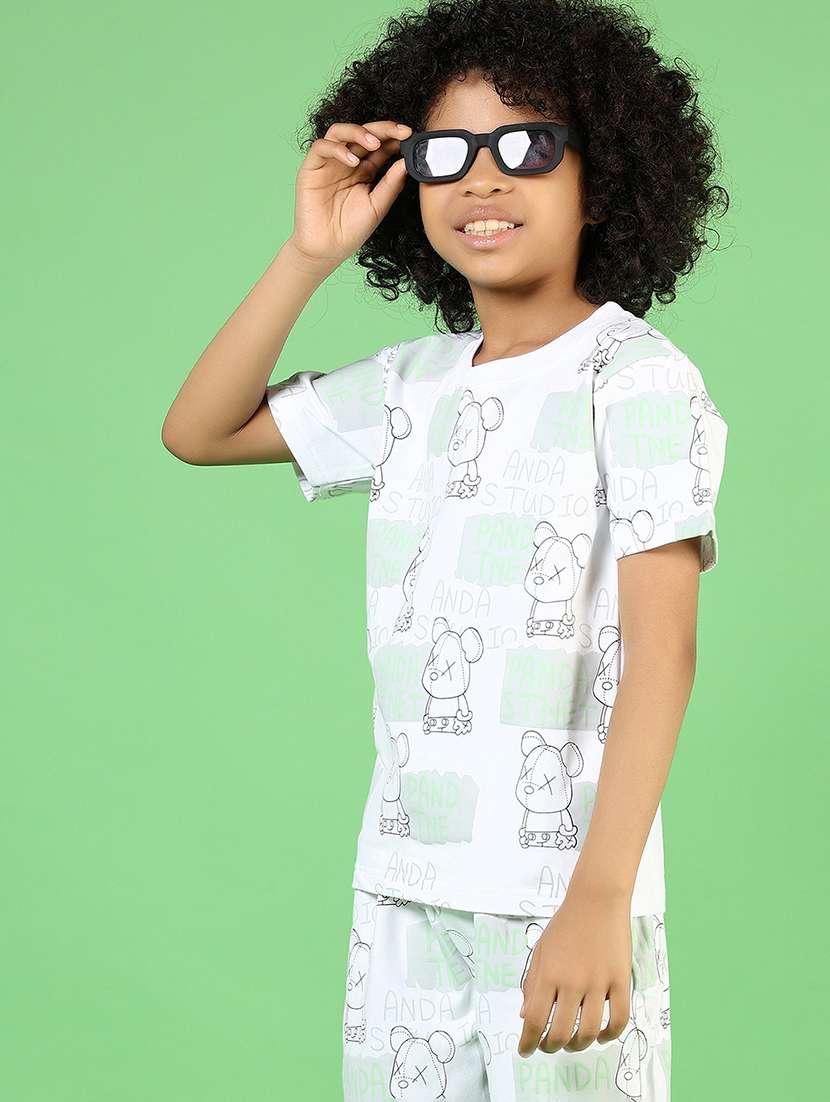 boys white printed shirt sleeve co-ord set