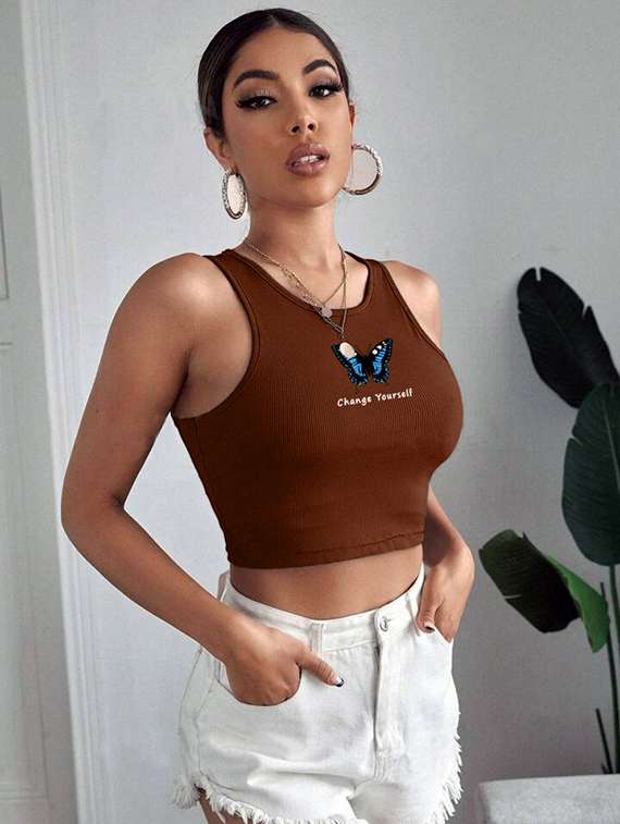 women printed sleeveless crop top 