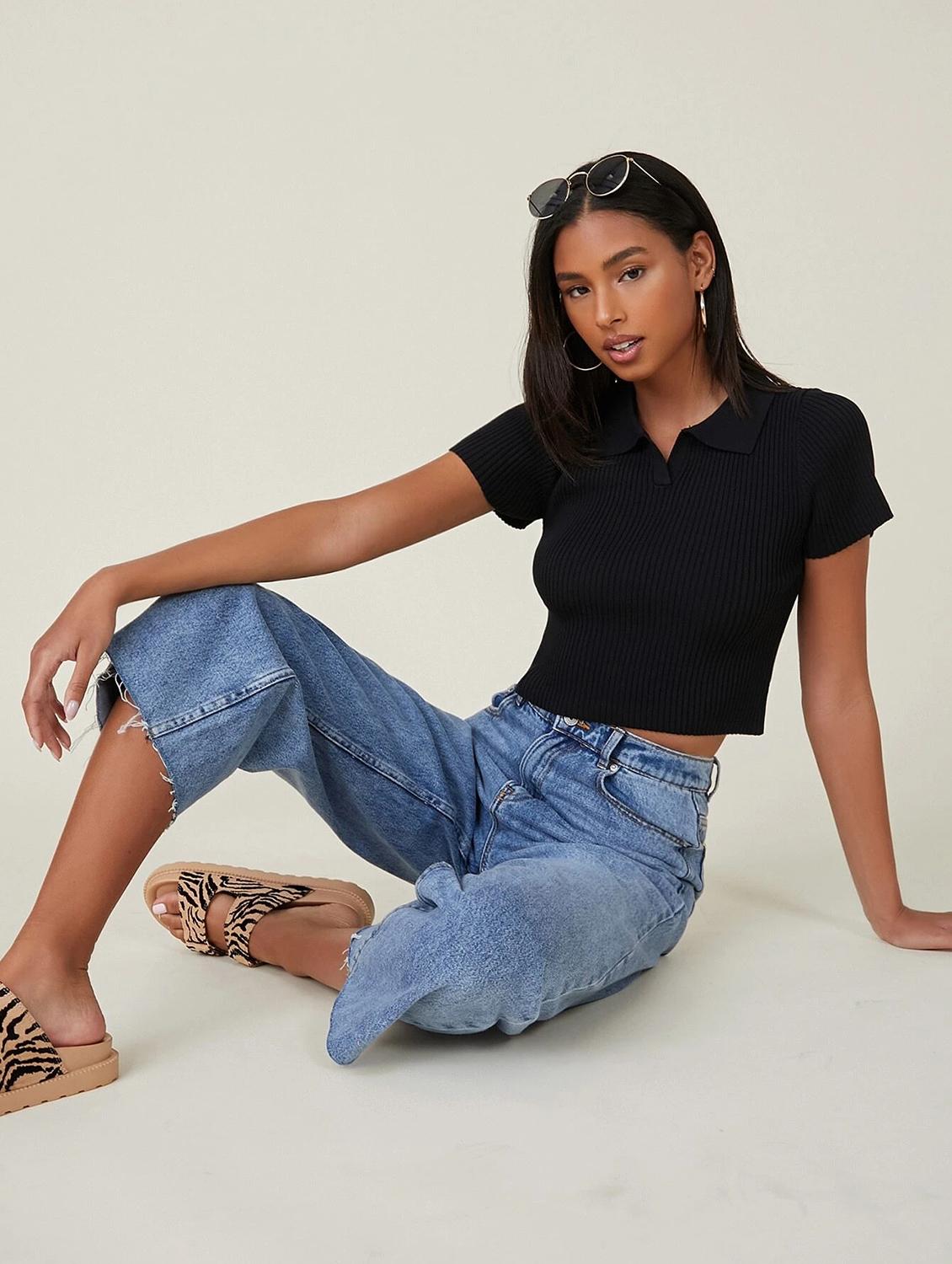 women solid collared crop top - 21738324 - Standard Image - 3