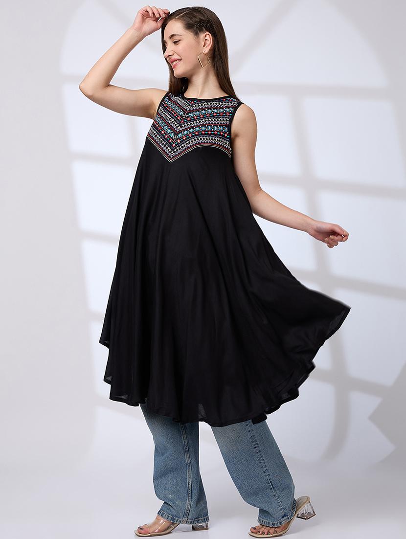 globus women black embroidered yoke asymmetric hem a-line fusion kurta - 21738555 -  Zoom Image - 0