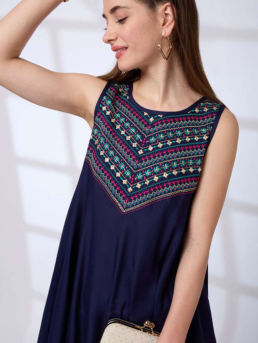 globus women blue embroidered yoke asymmetric hem a-line fusion kurta - 21738556 -  Standard Image - 3