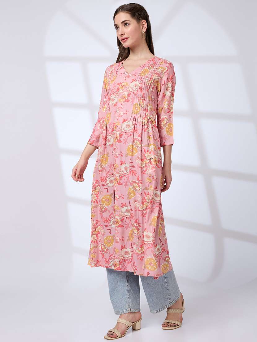 globus women pink v-neck floral print pleated front slit a-line workwear kurta