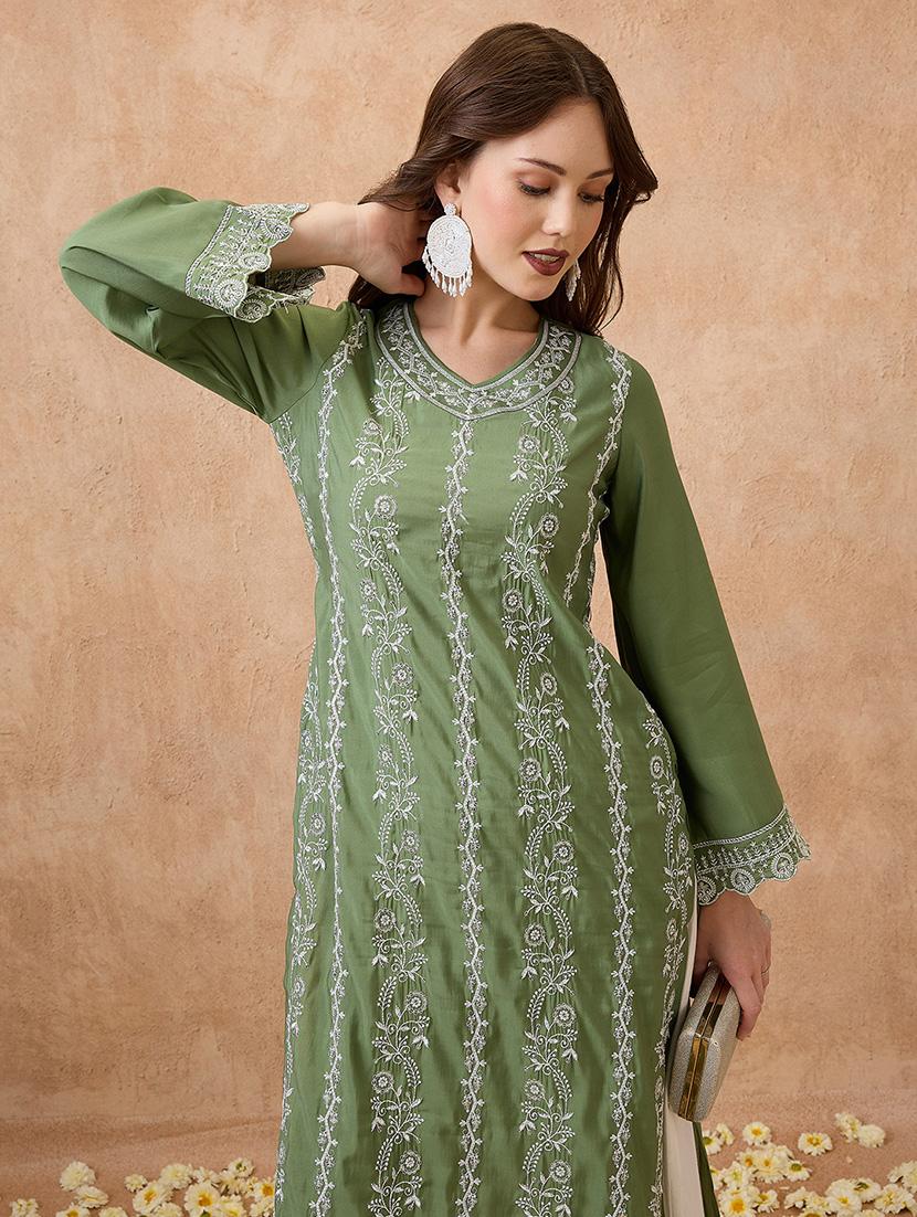 globus women green floral embroidered v-neck scalloped bell sleeves straight festive kurta - 21738561 - Standard Image - 3
