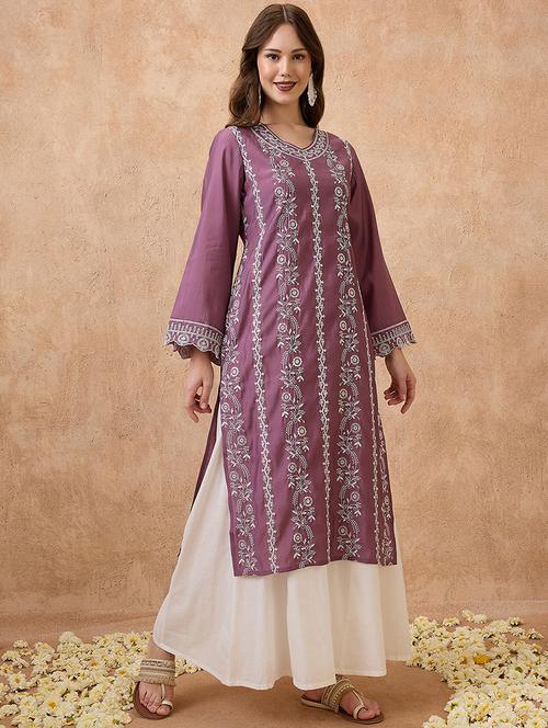 globus women pink floral embroidered v-neck scalloped bell sleeves straight festive kurta - 21738562 - Standard Image - 0