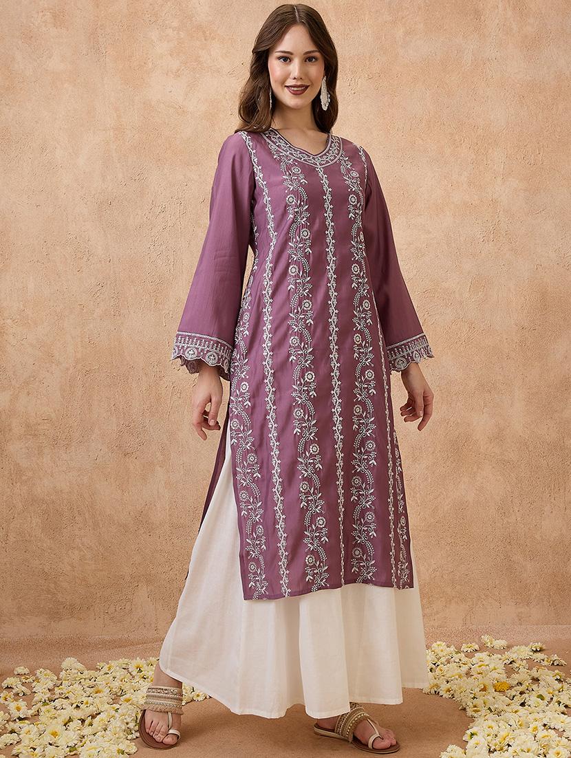 globus women pink floral embroidered v-neck scalloped bell sleeves straight festive kurta - 21738562 - Zoom Image - 0